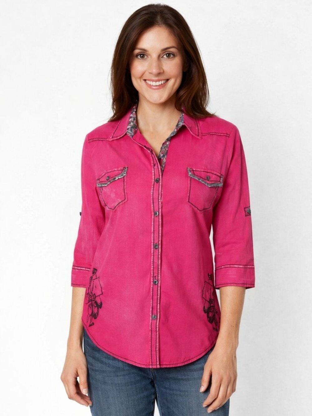 Roar Embellished Pink Western Shirt L โข Rhinestone Cross Back โข Boho Rocker Chic